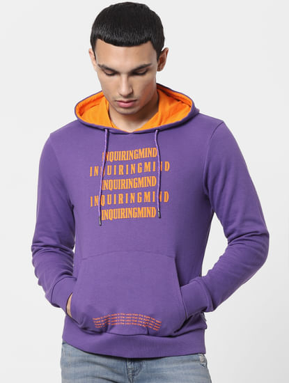 Purple Text Print Hooded Sweatshirt