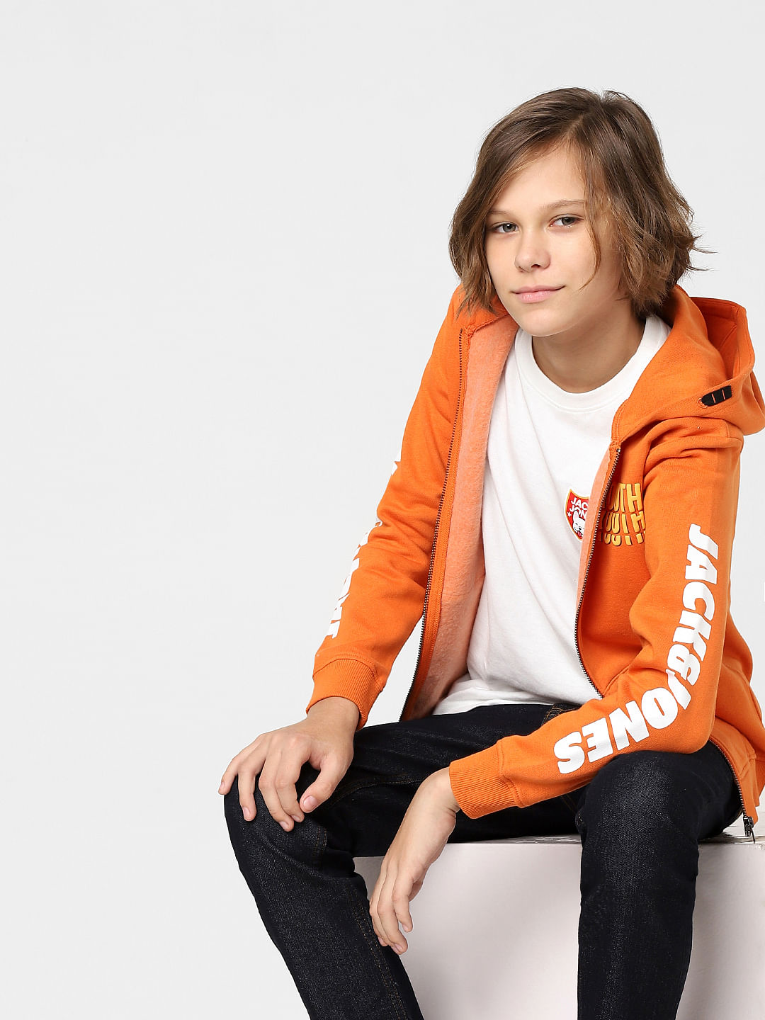 Boys Orange Hooded Zip Up Sweatshirt 283778601