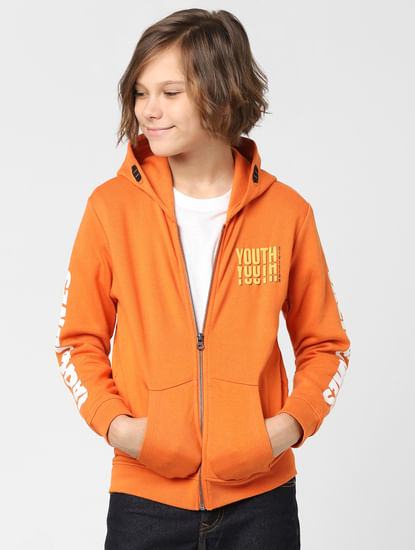 Boys Orange Hooded Zip Up Sweatshirt