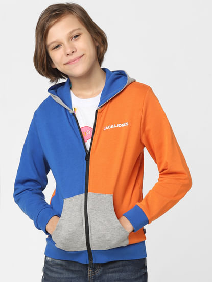 Boys Orange Colourblocked Zip-Up Sweatshirt