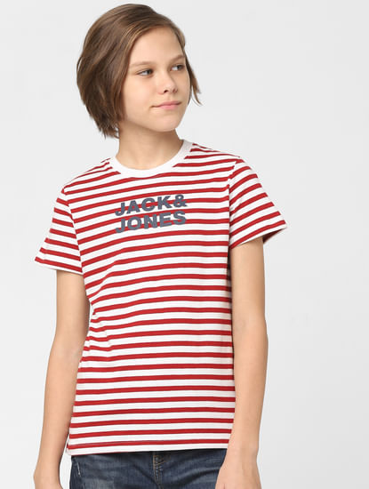 BOYS Red Striped Crew Neck T-shirt