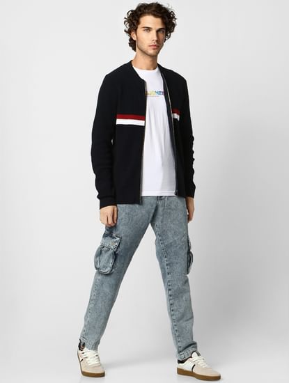 Navy Blue Colourblocked Zip-Up Cardigan