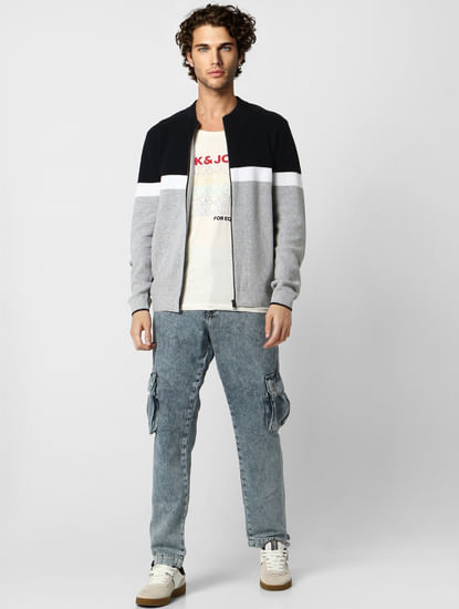 Grey Colourblocked Zip-Up Cardigan