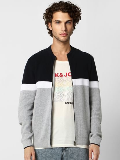 Grey Colourblocked Zip-Up Cardigan