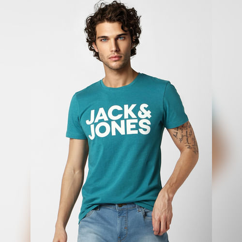 JACK&JONES Blue Logo Print Crew Neck T-shirt