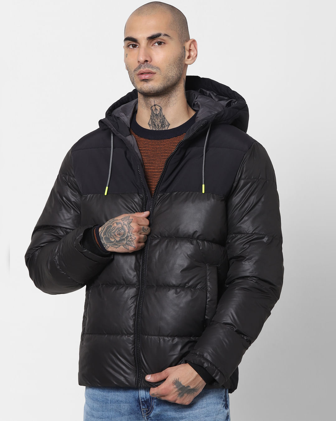 Buy Men Black Hooded Puffer Jacket Online