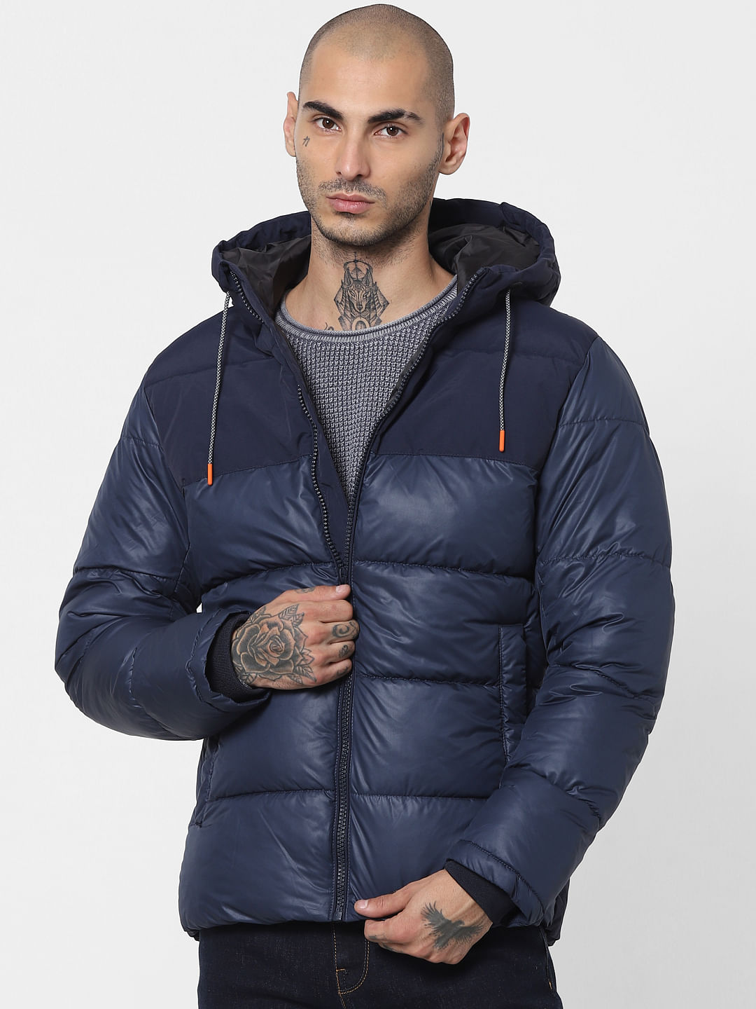 mens navy hooded puffer jacket