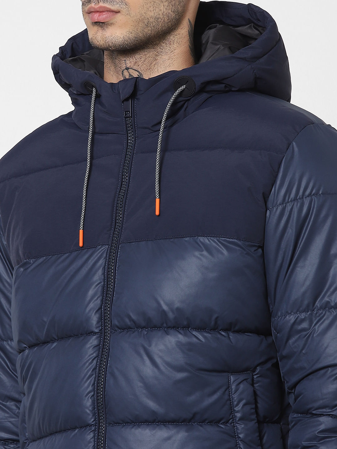 mens navy hooded puffer jacket