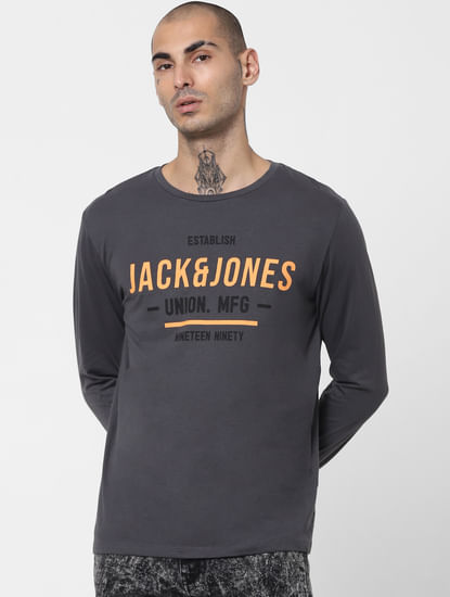 Grey Logo Print Full Sleeves Crew Neck T-shirt