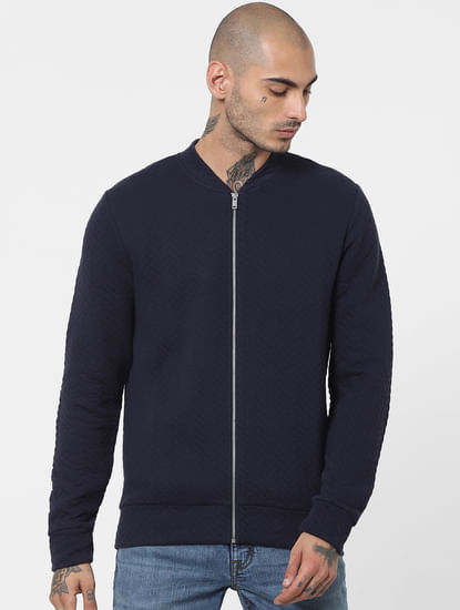 Navy Blue Quilted Zip Up Sweatshirt