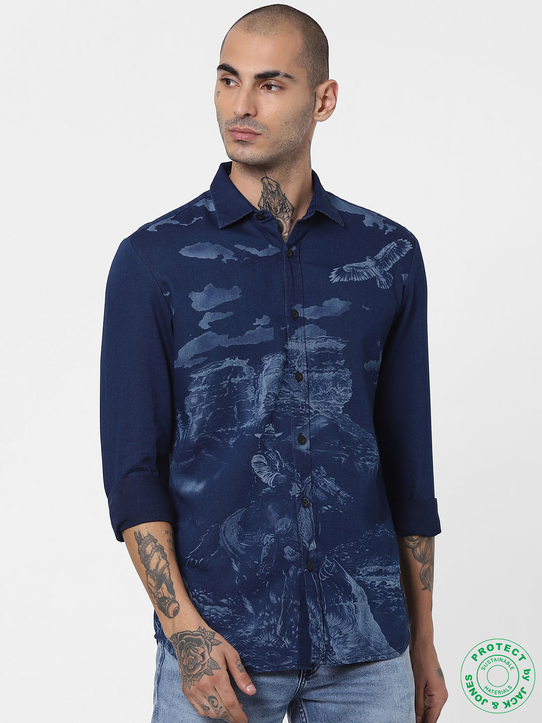 Plus Boxy Fit Renaissance Laser Print Denim Shirt | Printed denim shirt, Printed  denim, Mens shirt dress