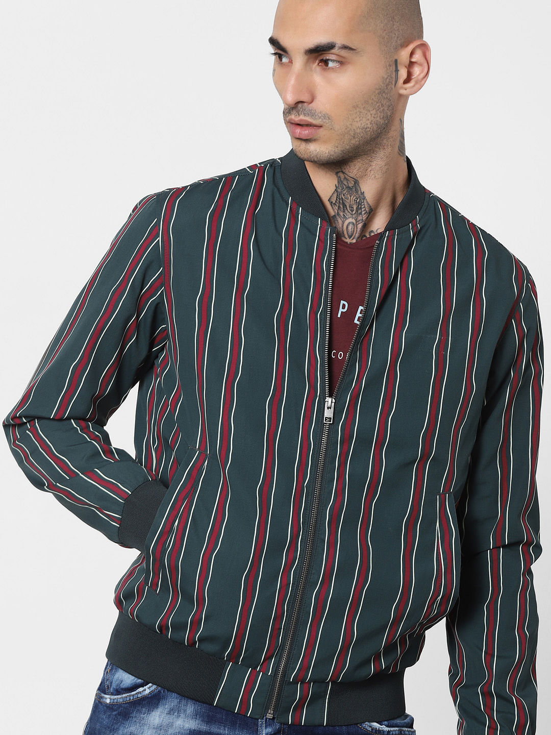 Striped bomber jacket mens sale