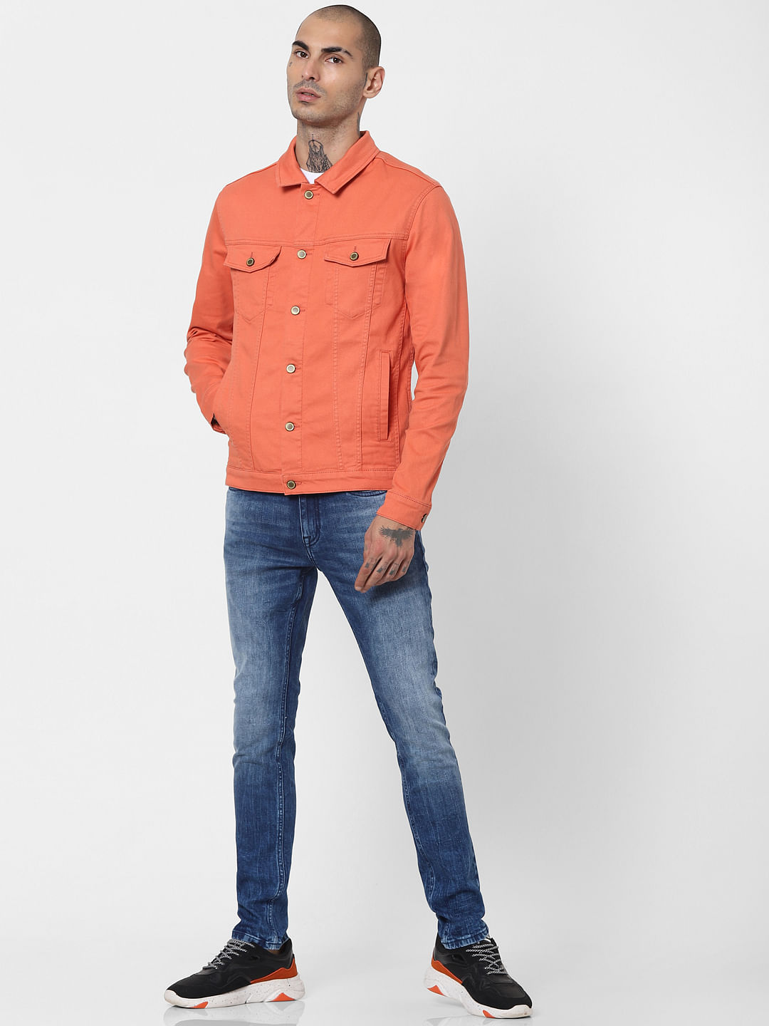 Light Blue Denim Jacket with Orange Long Sleeve Shirt Outfits For Men 2  ideas  outfits  Lookastic