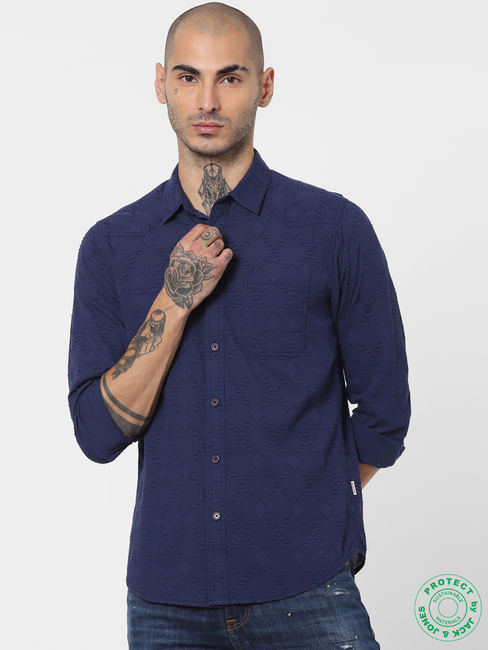 Blue Self Design Full Sleeves Shirt