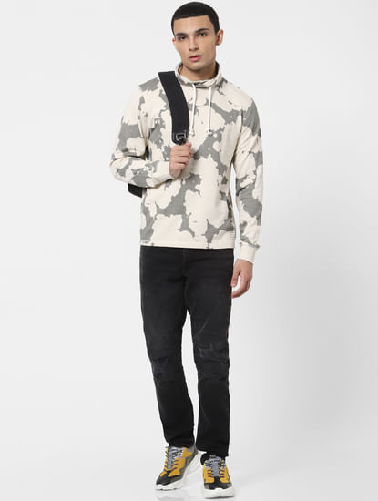 Beige Abstract Print Hooded Sweatshirt
