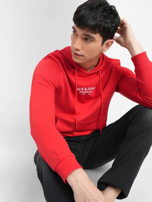 Red Logo Print Hooded Sweatshirt