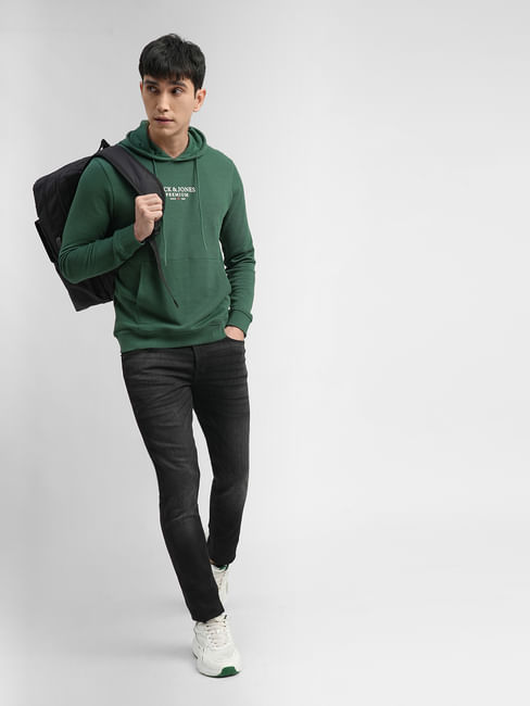 Dark Green Logo Print Hooded Sweatshirt