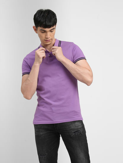 Purple Tape Detail Polo Neck T-shirt