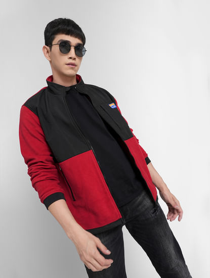 Red Colourblocked High Neck Jacket
