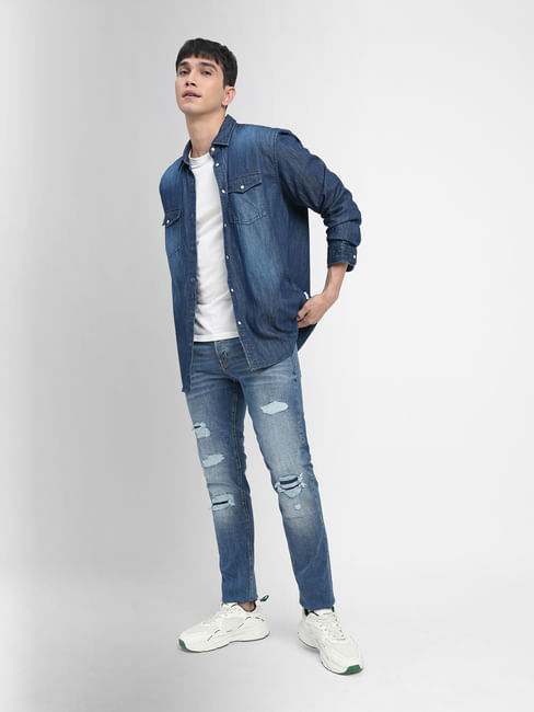 Blue Low Rise Distressed Glenn Slim Fit Jeans