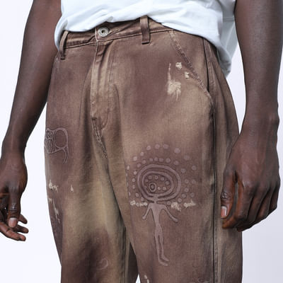 Brown Tribal Printed Anti-Fit Jeans 