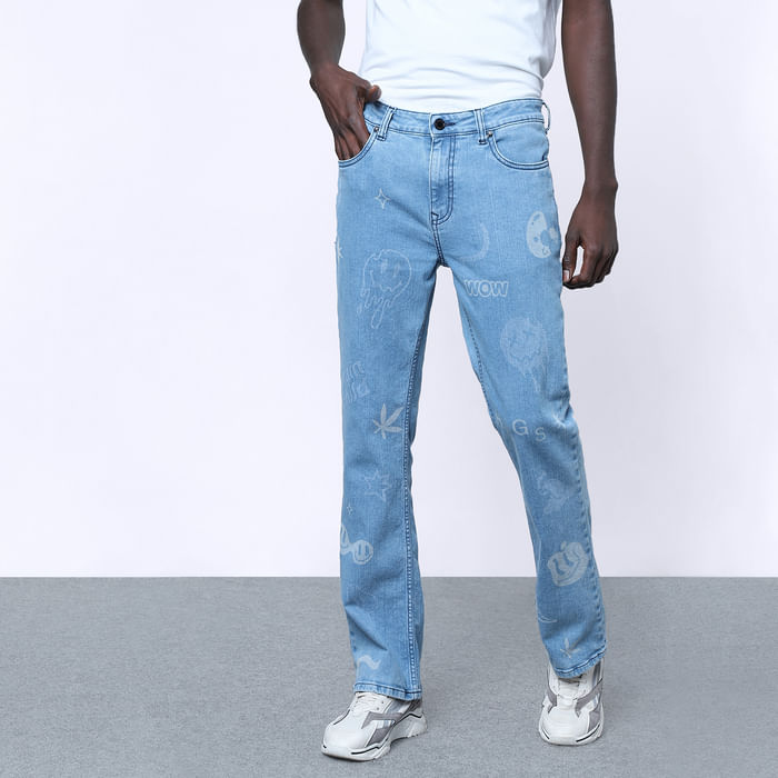 Blue Printed Bootcut Jeans