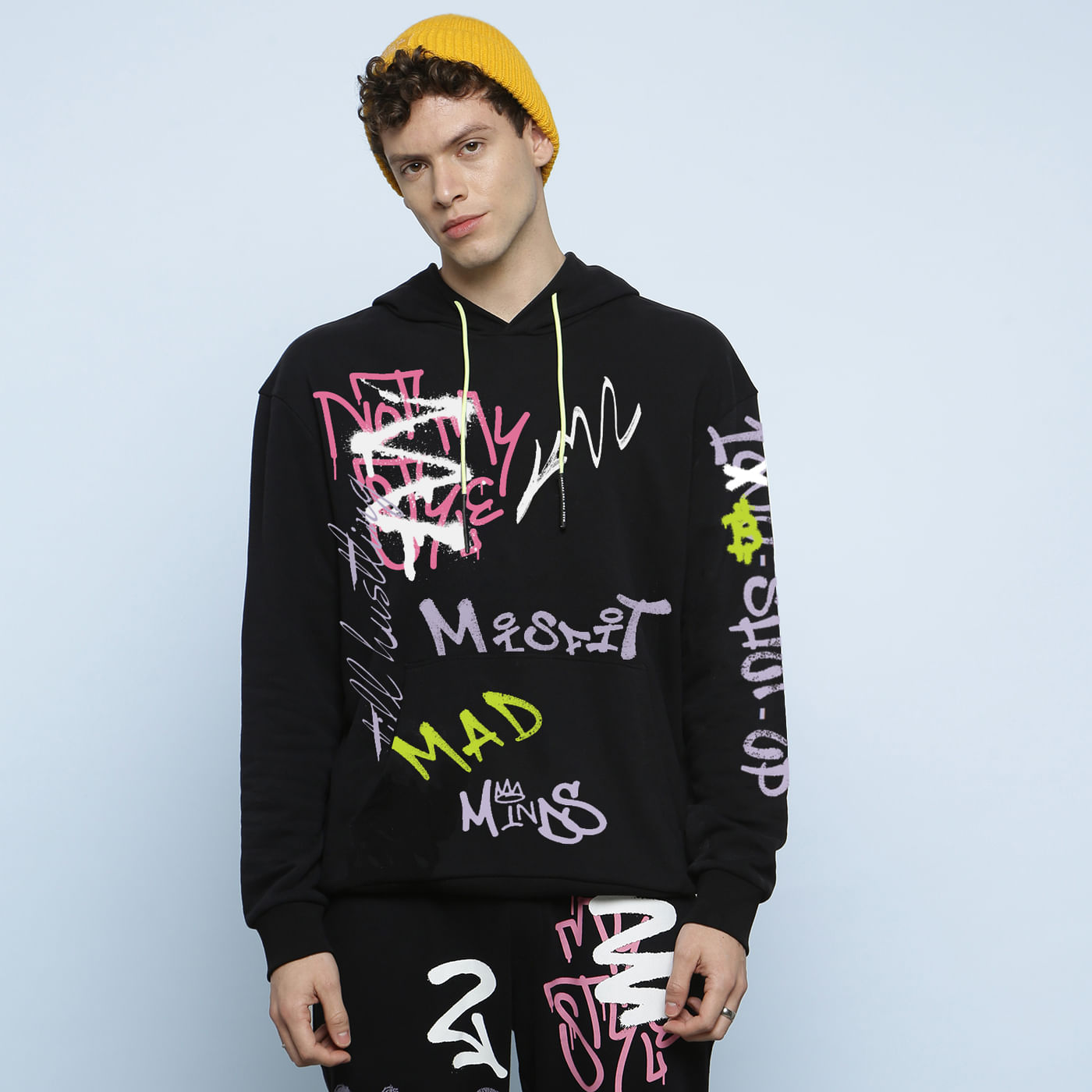 Black Graffiti Print Boxy Hooded Sweatshirt