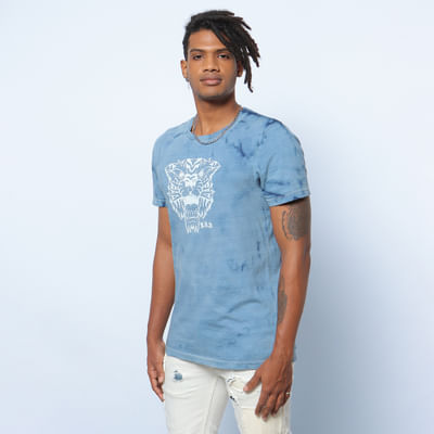 Blue Graphic Print Indigo Dyed Crew Neck T-shirt