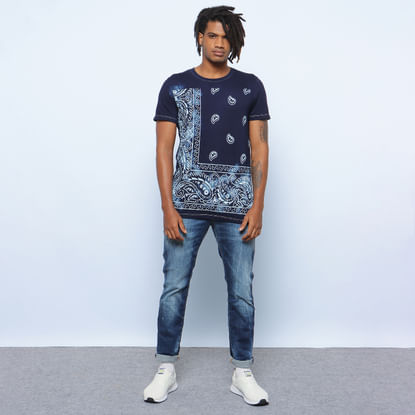 Blue Indigo Dyed Abstract Print Crew Neck T-shirt
