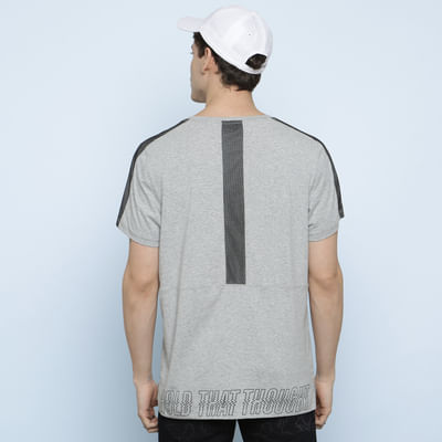 Grey Mesh Detail Printed Crew Neck T-shirt