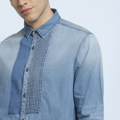 Blue Pintuck Detailing Faded Denim Shirt