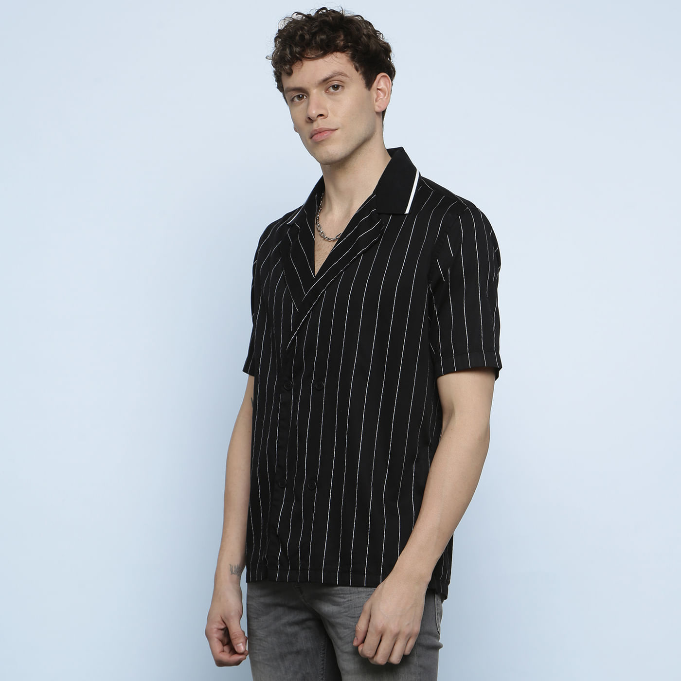 Black Striped Regular Fit Short Sleeves Shirt