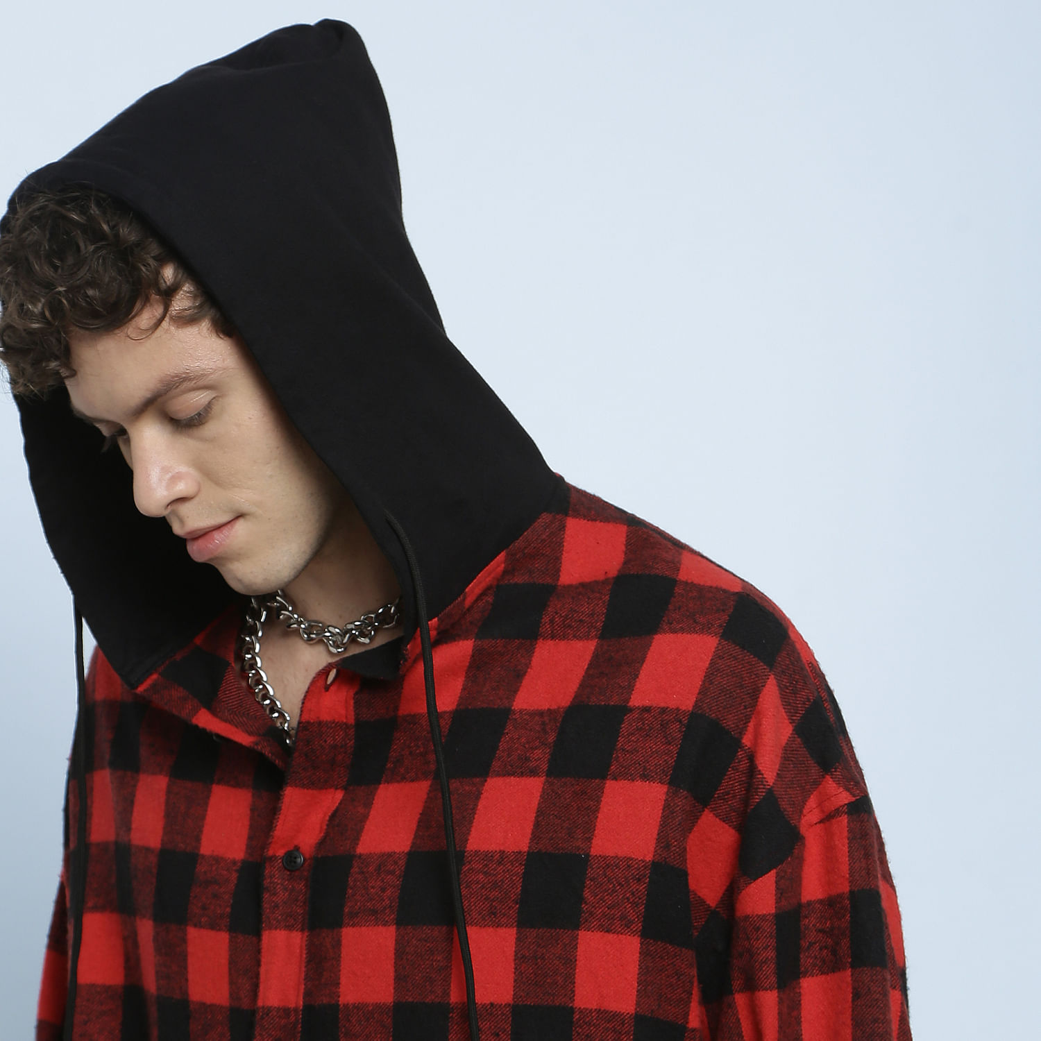 red check hooded shirt