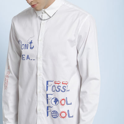 White Slogan Print Full Sleeves Shirt