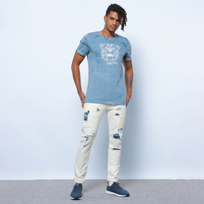 White Low Rise Denim Patchwork Glenn Slim Fit Jeans