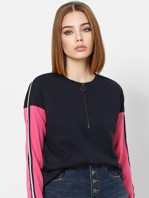 Blue Colourblocked Zip Up Sweatshirt