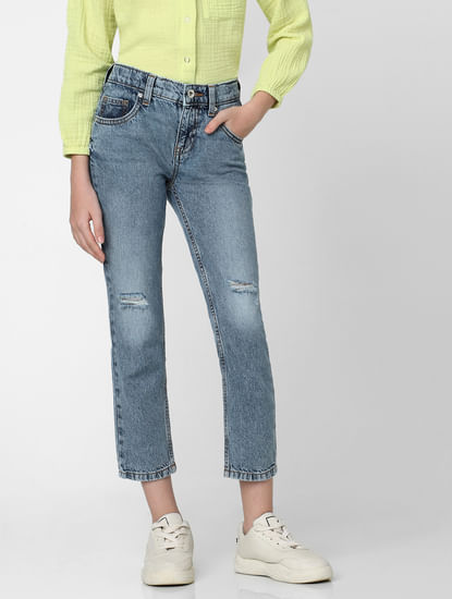 Girls Blue Mid Rise Straight Fit Jeans