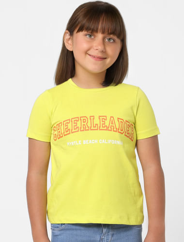 Girls Yellow Text Print T-shirt