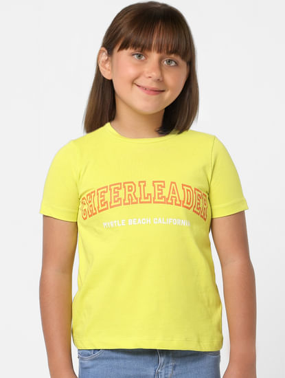 Girls Yellow Text Print T-shirt