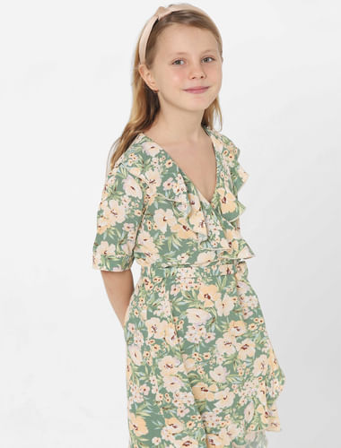 Girls Green Floral Print Fit & Flare Dress