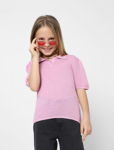 Girls Purple Knit Polo T-shirt