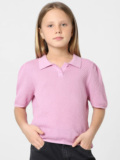 Girls Purple Knit Polo T-shirt