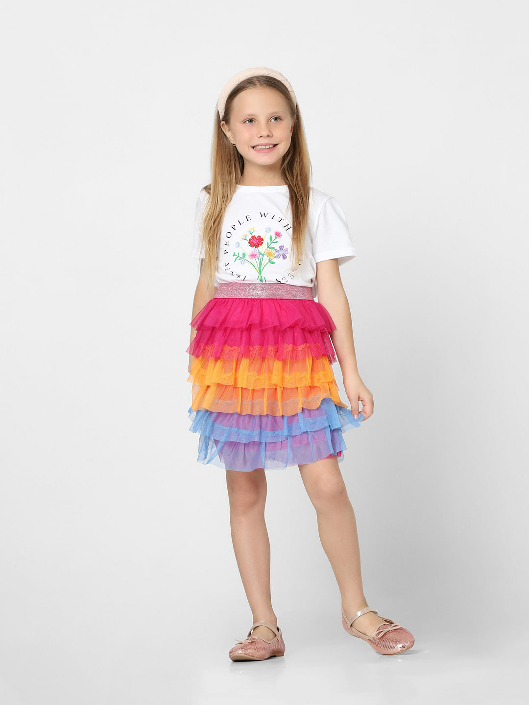 Alphabeys White Top  Mid Thigh Pink Net Skirt For GirlsGlobal Artisans