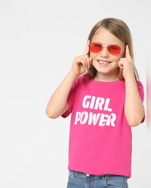 Girls Pink Text Print T-shirt