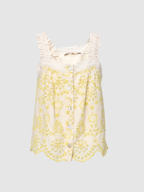 Girls Beige Embroidered Top
