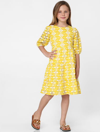 Girls Yellow Schiffli Fit & Flare Dress