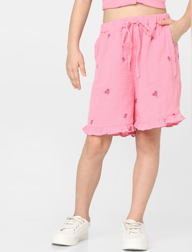 Girls Pink Mid Rise Floral Co-ord Shorts