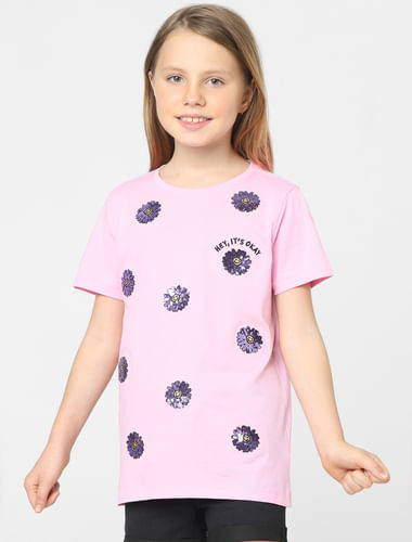 Girls Pink Floral Print T-shirt