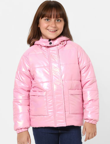 Pink Holographic Hooded Puffer Jacket