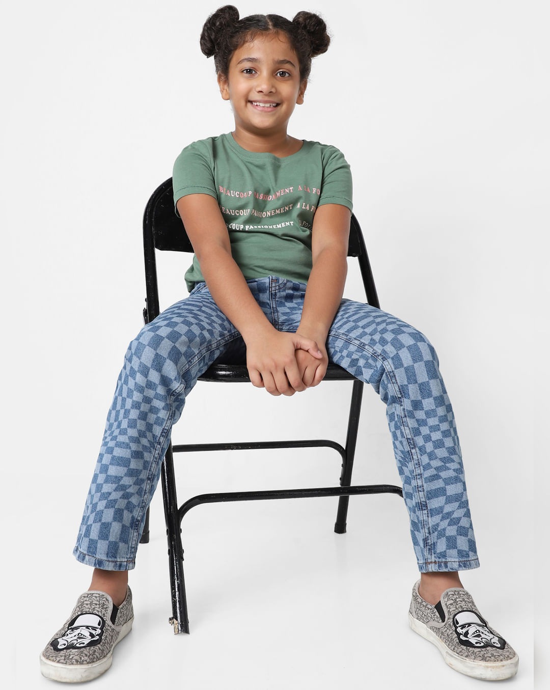 Buy Girls Blue Mid Rise Check Print Straight Fit Jeans Online at KIDS ONLY